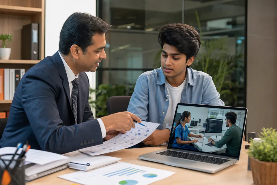 Career counselor guiding an Indian graduate toward the right healthcare and technology career path