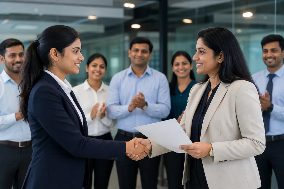 Indian professional celebrating job placement success in medical coding and software industry